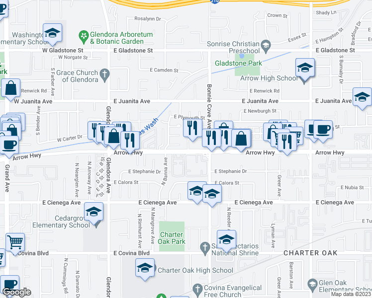 map of restaurants, bars, coffee shops, grocery stores, and more near 401 E Arrow Hwy in Glendora