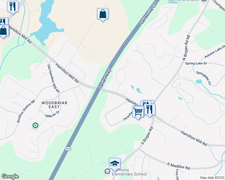 map of restaurants, bars, coffee shops, grocery stores, and more near 4251 Hamilton Mill Road in Buford