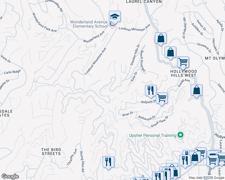 map of restaurants, bars, coffee shops, grocery stores, and more near 8547 Appian Way in Los Angeles