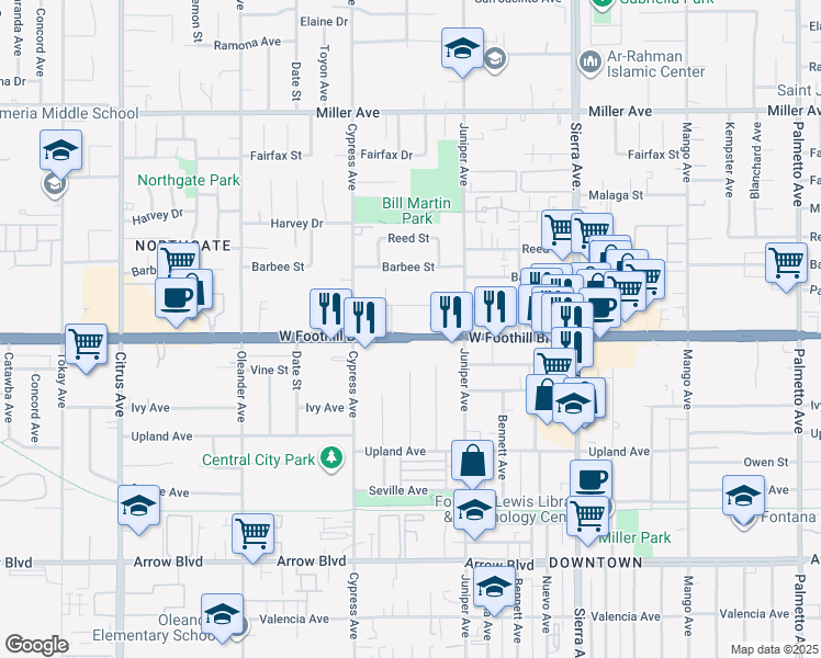 map of restaurants, bars, coffee shops, grocery stores, and more near 16602 Foothill Boulevard in Fontana