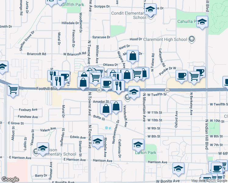 map of restaurants, bars, coffee shops, grocery stores, and more near 962 West Foothill Boulevard in Claremont