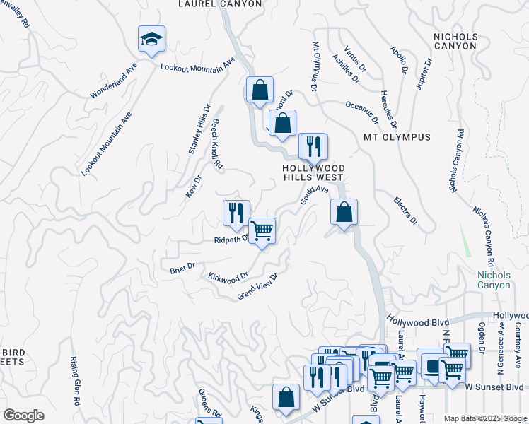 map of restaurants, bars, coffee shops, grocery stores, and more near 1925 Oakden Drive in Los Angeles