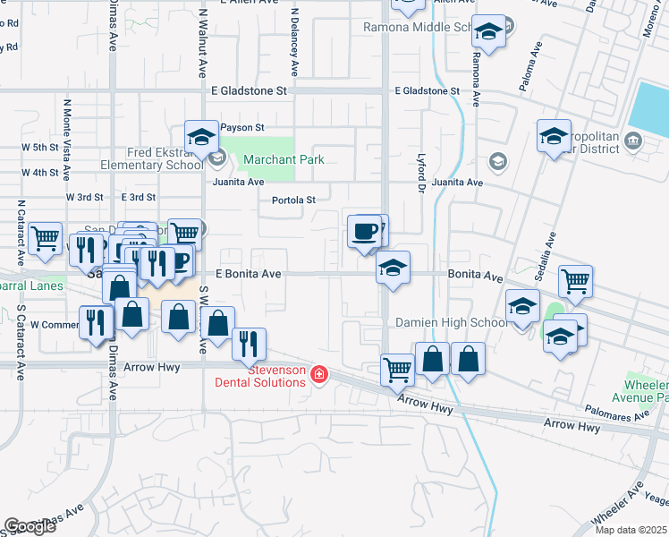 map of restaurants, bars, coffee shops, grocery stores, and more near 555 East Bonita Avenue in San Dimas