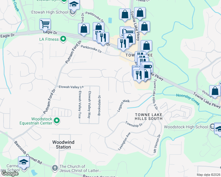 map of restaurants, bars, coffee shops, grocery stores, and more near 511 Rising Drive in Woodstock