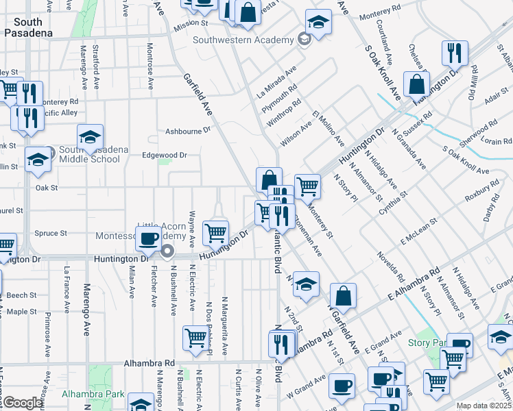 map of restaurants, bars, coffee shops, grocery stores, and more near 1713 Garfield Avenue in South Pasadena