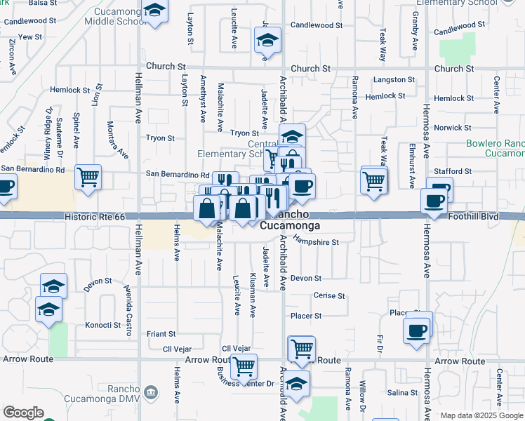 map of restaurants, bars, coffee shops, grocery stores, and more near 9606 Foothill Boulevard in Rancho Cucamonga