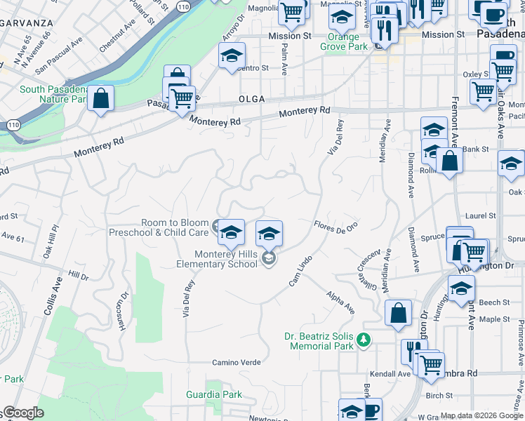 map of restaurants, bars, coffee shops, grocery stores, and more near 1541 Indiana Avenue in South Pasadena
