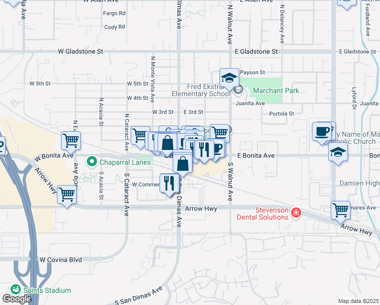 map of restaurants, bars, coffee shops, grocery stores, and more near 127 East Baseline Road in San Dimas