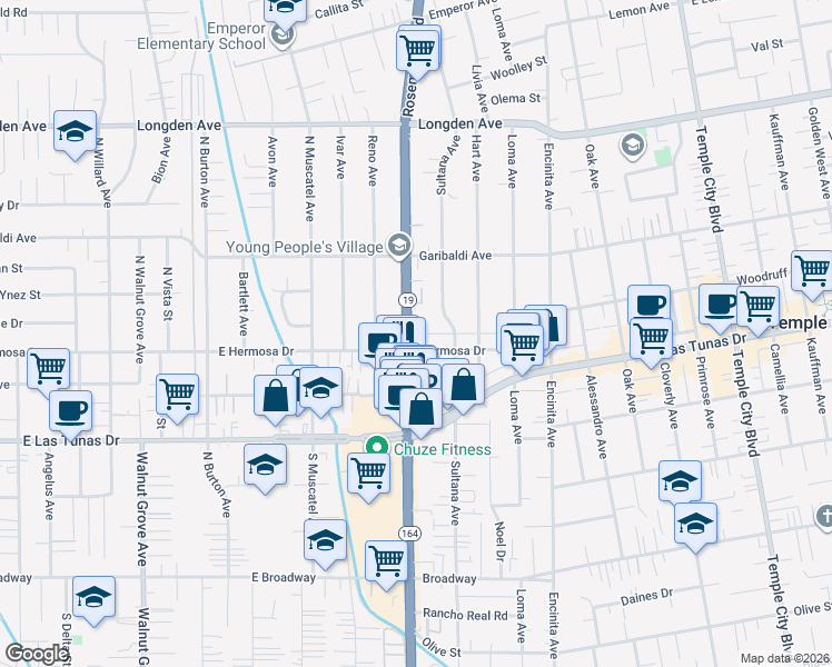 map of restaurants, bars, coffee shops, grocery stores, and more near 5923 Rosemead Boulevard in Temple City