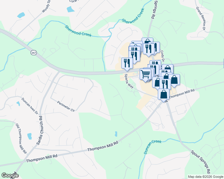 map of restaurants, bars, coffee shops, grocery stores, and more near 2715 White Rock Dr in Buford