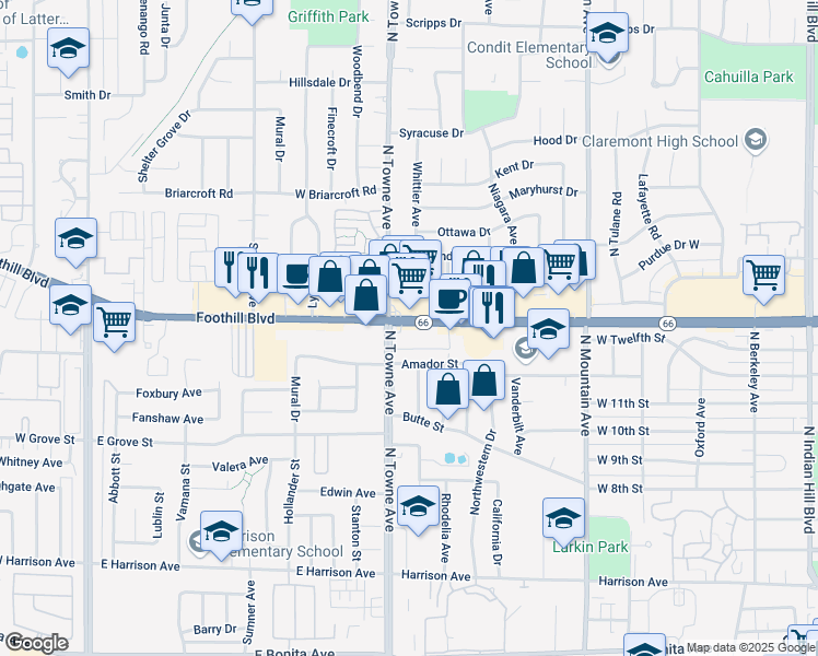 map of restaurants, bars, coffee shops, grocery stores, and more near 1090 Foothill Boulevard in Claremont