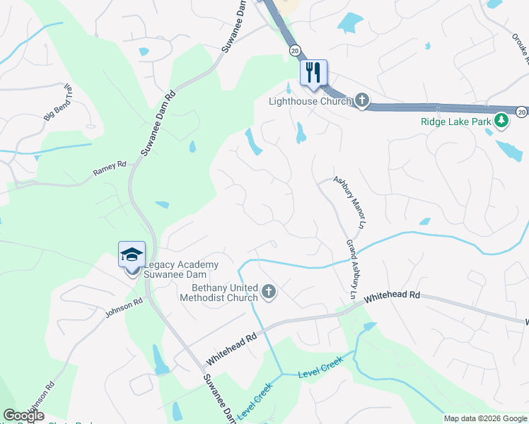 map of restaurants, bars, coffee shops, grocery stores, and more near 5582 Thistledown Terrace in Sugar Hill