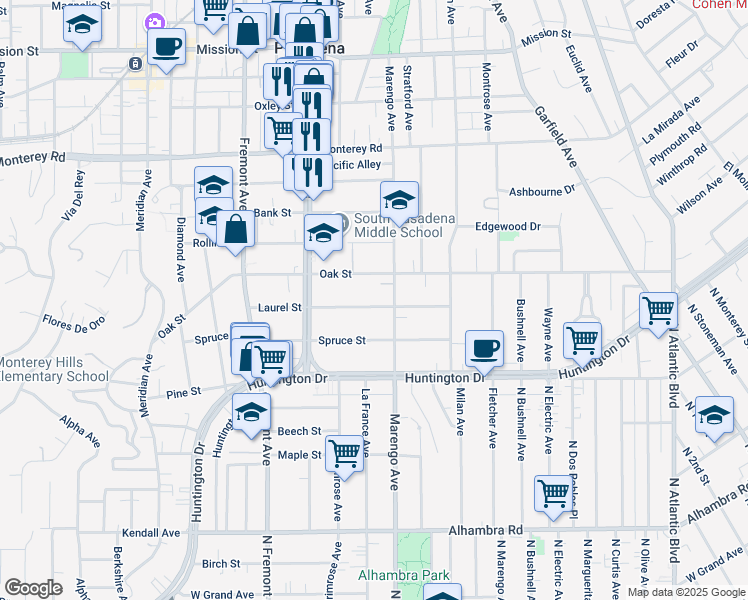 map of restaurants, bars, coffee shops, grocery stores, and more near 1716 Laurel Street in South Pasadena