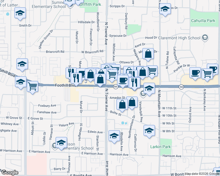 map of restaurants, bars, coffee shops, grocery stores, and more near 1090 Foothill Boulevard in Claremont