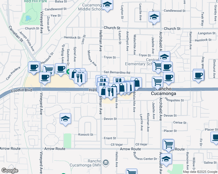 map of restaurants, bars, coffee shops, grocery stores, and more near 9340 Foothill Boulevard in Rancho Cucamonga