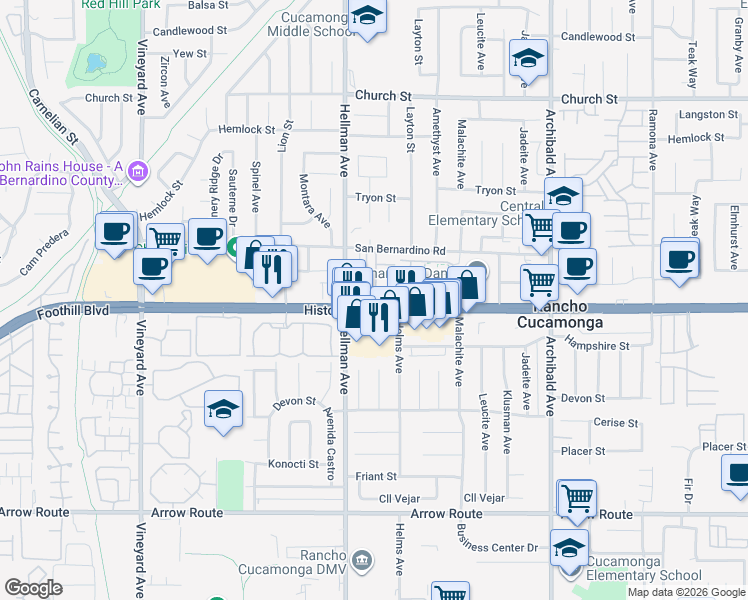 map of restaurants, bars, coffee shops, grocery stores, and more near 9336 Foothill Boulevard in Rancho Cucamonga