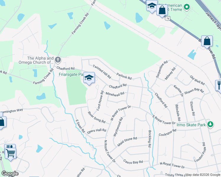 map of restaurants, bars, coffee shops, grocery stores, and more near 1336 Chadford Road in Irmo
