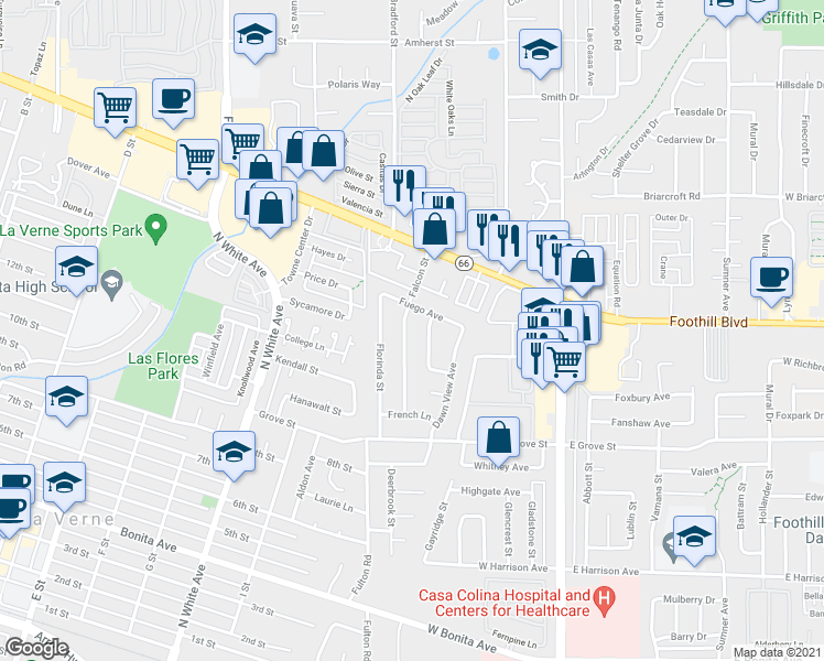 map of restaurants, bars, coffee shops, grocery stores, and more near 3242 Falcon Street in Pomona