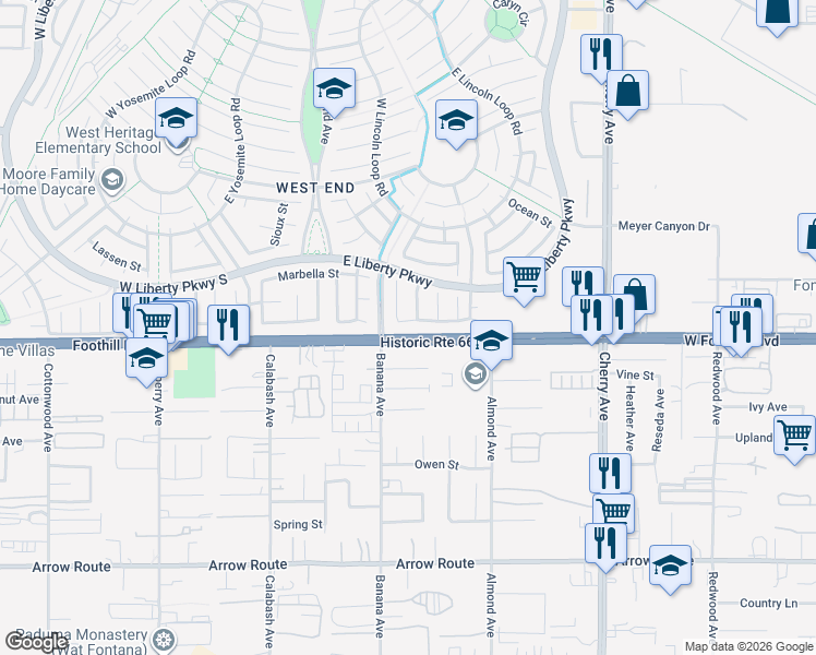 map of restaurants, bars, coffee shops, grocery stores, and more near 14119 Casablanca Court in Fontana