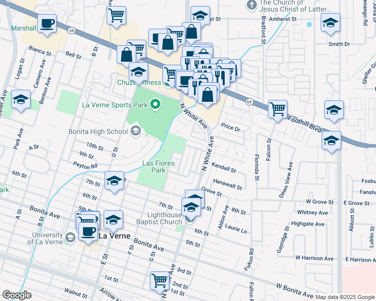 map of restaurants, bars, coffee shops, grocery stores, and more near 3066 Winfield Avenue in La Verne