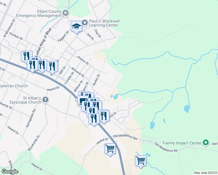 map of restaurants, bars, coffee shops, grocery stores, and more near 1029 Harmony Plaza in Elberton