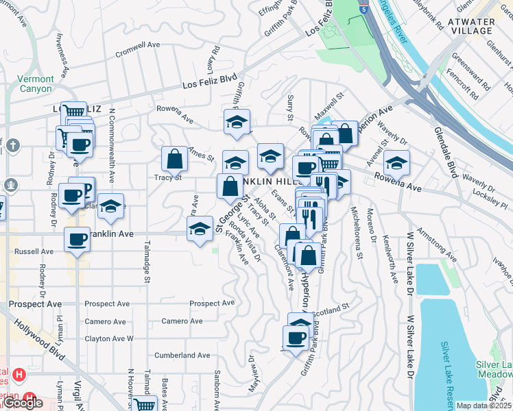map of restaurants, bars, coffee shops, grocery stores, and more near 3845 Tracy Street in Los Angeles