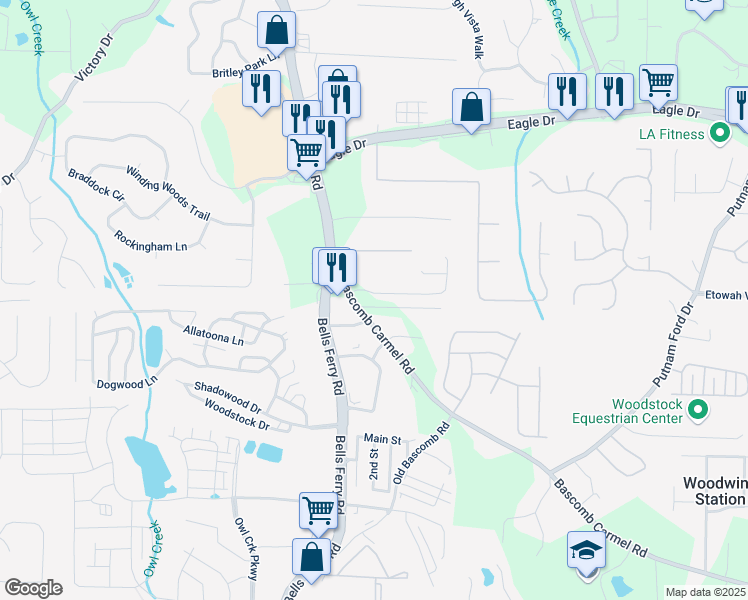 map of restaurants, bars, coffee shops, grocery stores, and more near 214 Strawberry Lane in Woodstock