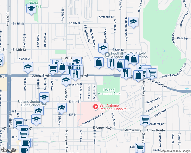 map of restaurants, bars, coffee shops, grocery stores, and more near 1100 Foothill Boulevard in Upland