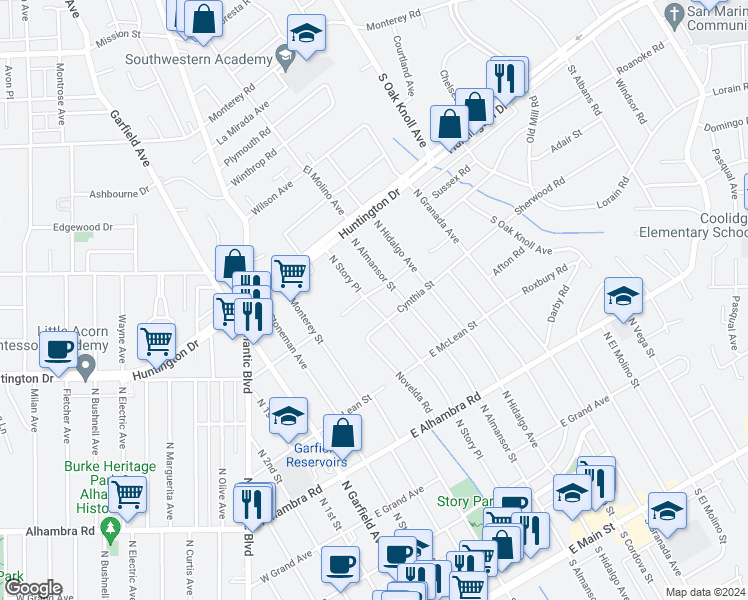 map of restaurants, bars, coffee shops, grocery stores, and more near 500 East Pine Street in Alhambra