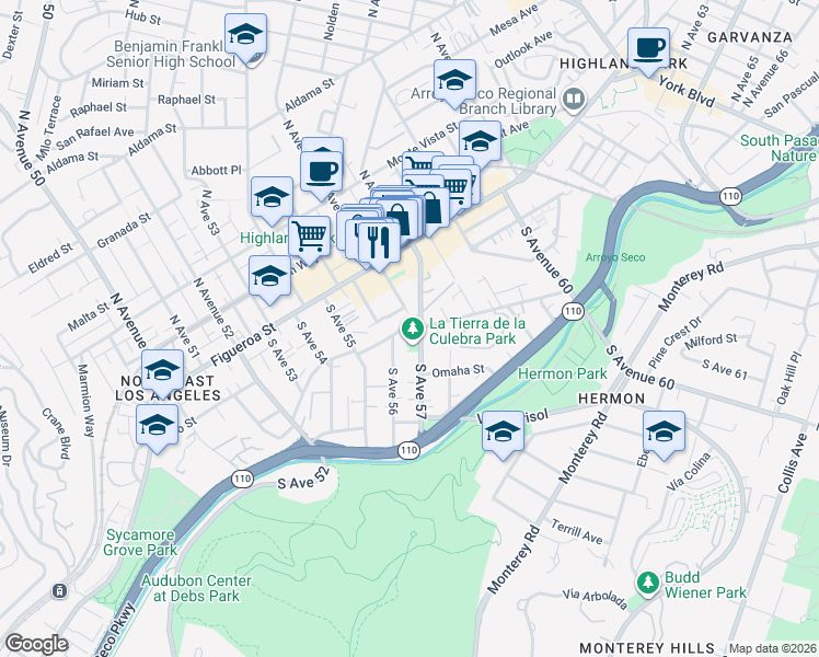 map of restaurants, bars, coffee shops, grocery stores, and more near 5620 Media Drive in Los Angeles