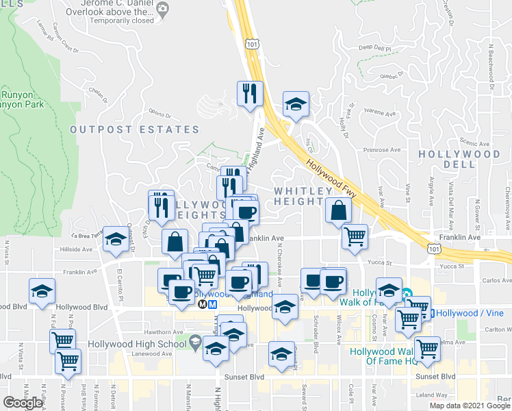 map of restaurants, bars, coffee shops, grocery stores, and more near 2020 North Las Palmas Avenue in Los Angeles