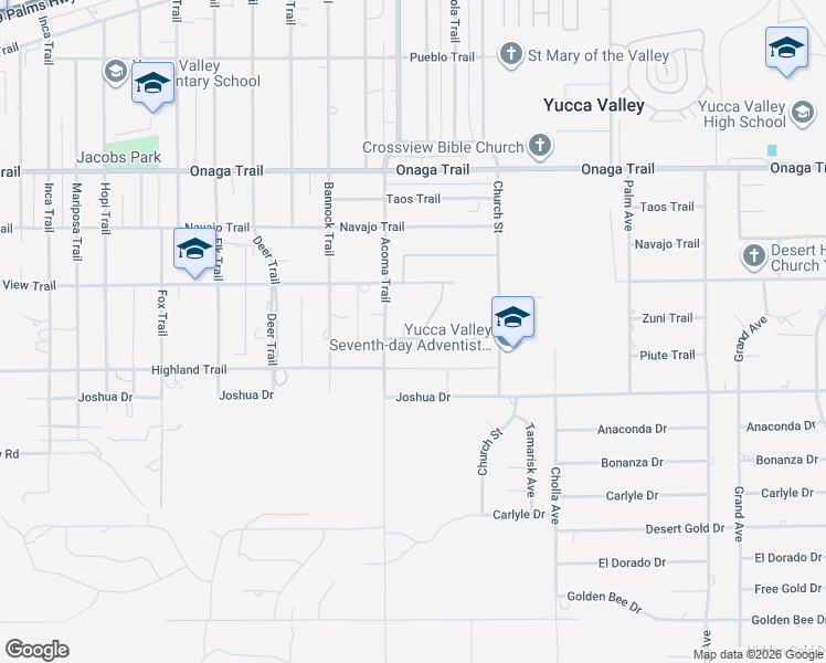 map of restaurants, bars, coffee shops, grocery stores, and more near 7988 Borrego Court in Yucca Valley