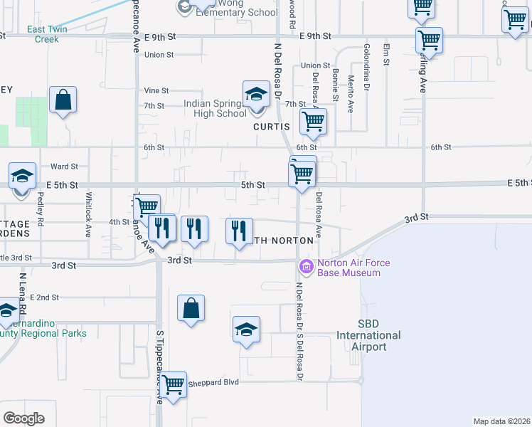 map of restaurants, bars, coffee shops, grocery stores, and more near 25276 4th Street in San Bernardino