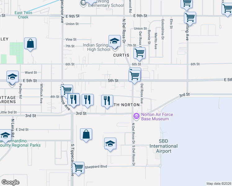 map of restaurants, bars, coffee shops, grocery stores, and more near 25276 4th Street in San Bernardino