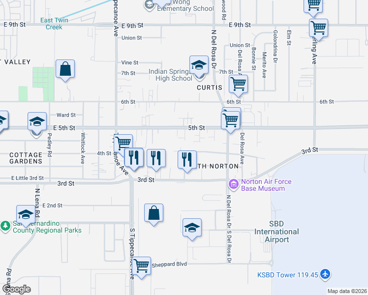 map of restaurants, bars, coffee shops, grocery stores, and more near 25218 4th Street in San Bernardino