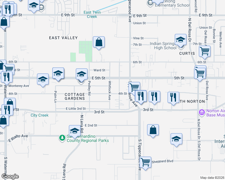 map of restaurants, bars, coffee shops, grocery stores, and more near 24799 Monterey Avenue in San Bernardino