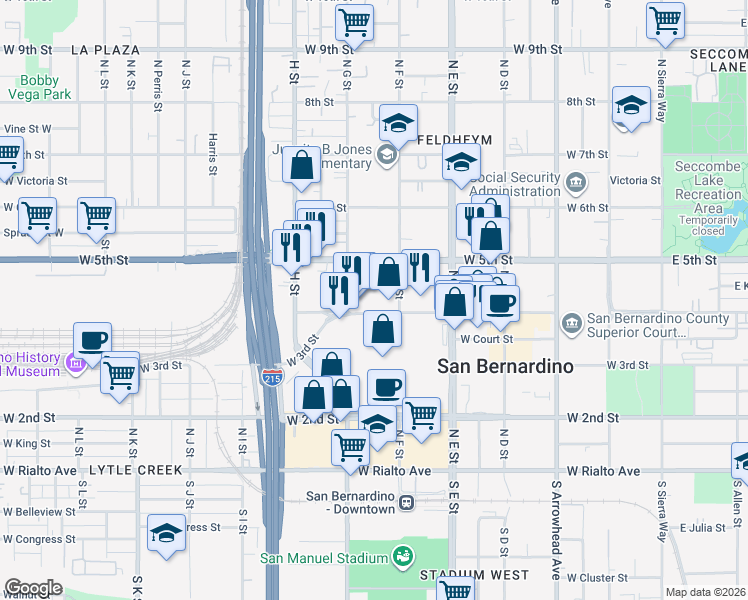 map of restaurants, bars, coffee shops, grocery stores, and more near in San Bernardino