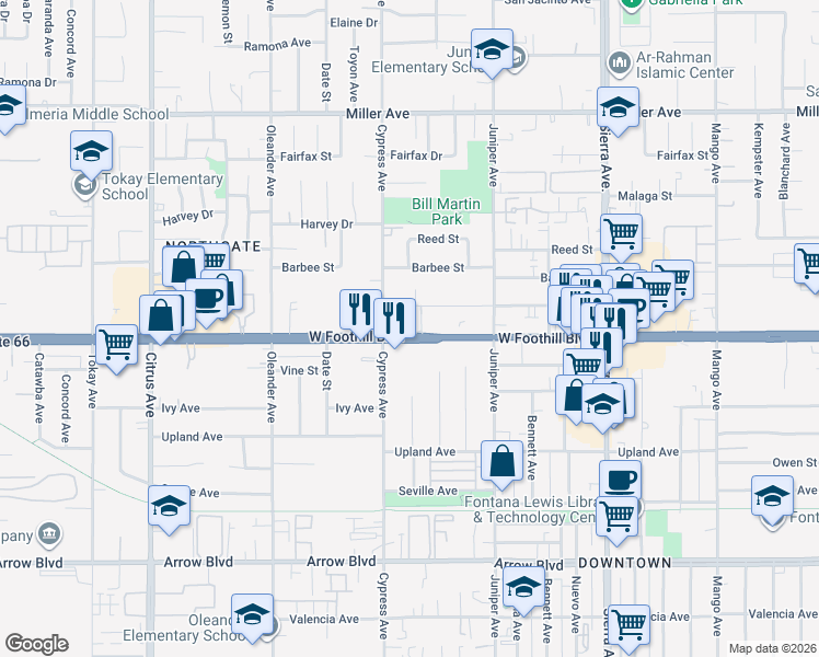 map of restaurants, bars, coffee shops, grocery stores, and more near 16530 Foothill Boulevard in Fontana