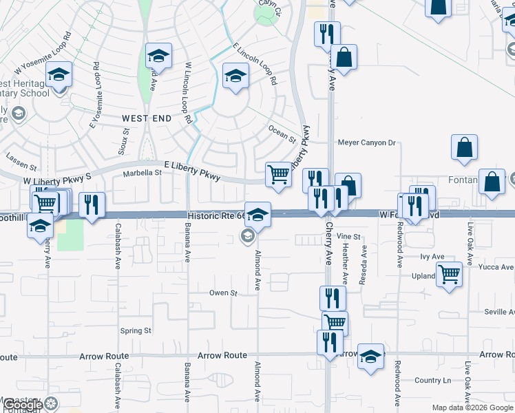 map of restaurants, bars, coffee shops, grocery stores, and more near 14223 Casablanca Court in Fontana