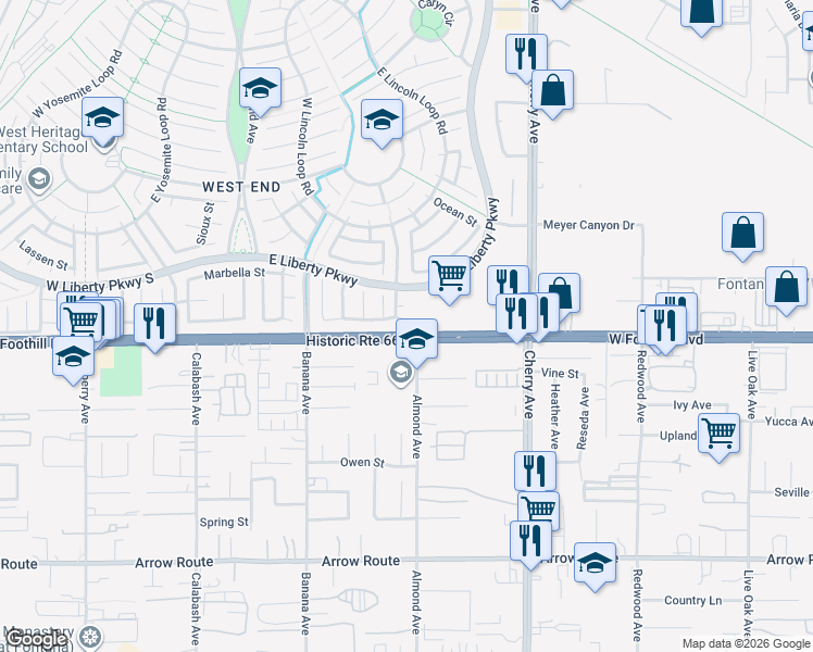 map of restaurants, bars, coffee shops, grocery stores, and more near 14223 Casablanca Court in Fontana