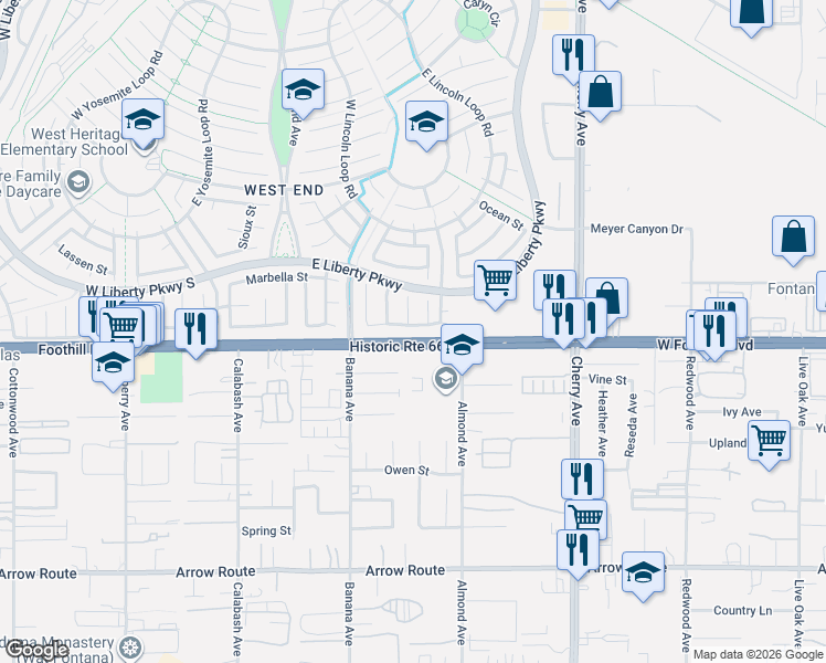 map of restaurants, bars, coffee shops, grocery stores, and more near 14173 Casa Blanca Ct in Fontana