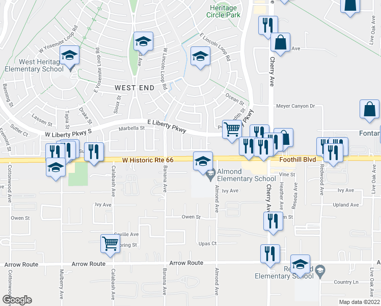 map of restaurants, bars, coffee shops, grocery stores, and more near 14173 Casablanca Court in Fontana