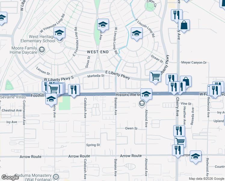 map of restaurants, bars, coffee shops, grocery stores, and more near 14083 Capri Court in Fontana