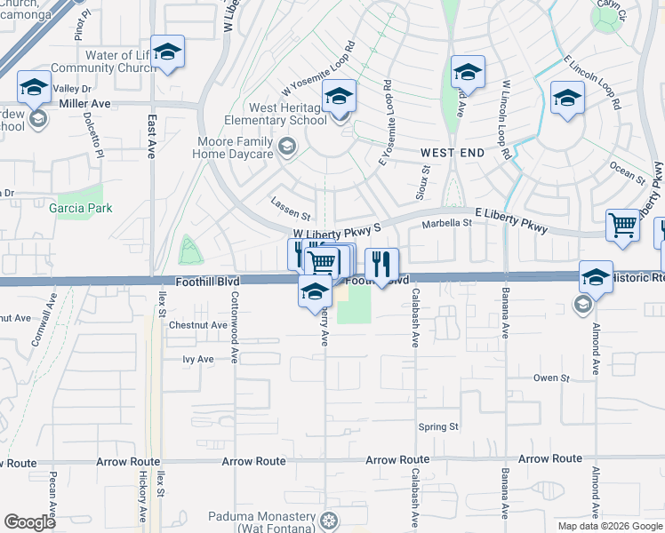 map of restaurants, bars, coffee shops, grocery stores, and more near 8079 Park Lawn Court in Fontana