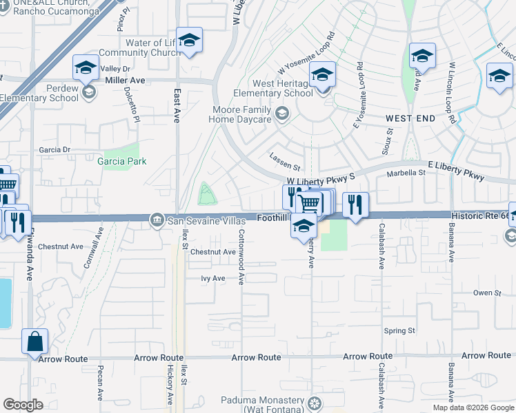 map of restaurants, bars, coffee shops, grocery stores, and more near 8081 McGregor Court in Fontana