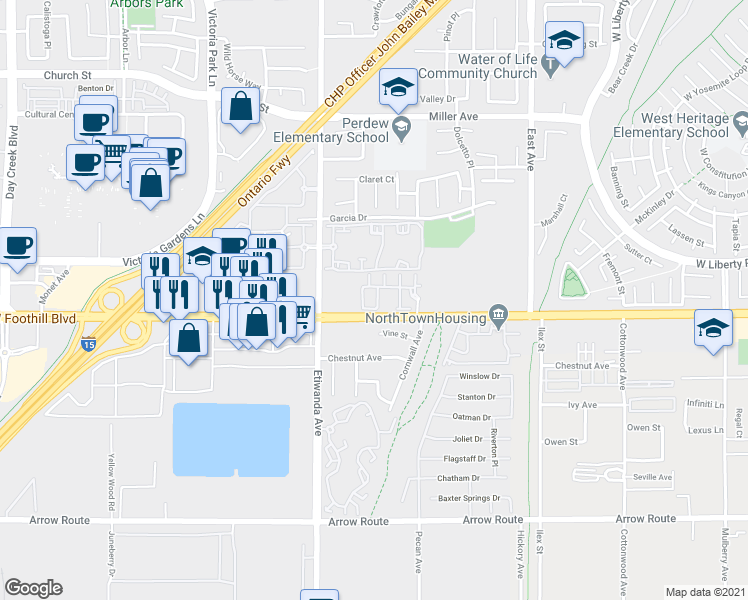 map of restaurants, bars, coffee shops, grocery stores, and more near 12846 Foothill Boulevard in Rancho Cucamonga