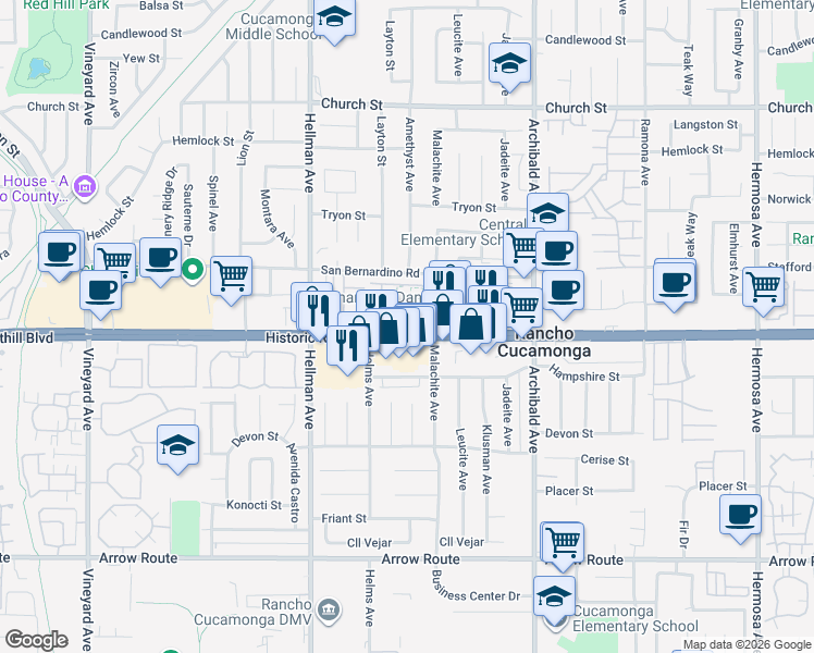 map of restaurants, bars, coffee shops, grocery stores, and more near 9471 Jack Rabbit Drive in Rancho Cucamonga