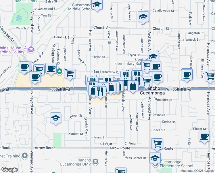 map of restaurants, bars, coffee shops, grocery stores, and more near 8074 Joplin Place in Rancho Cucamonga