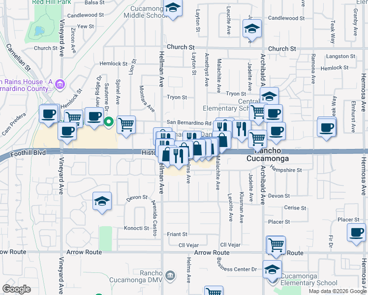 map of restaurants, bars, coffee shops, grocery stores, and more near 8074 Joplin Place in Rancho Cucamonga