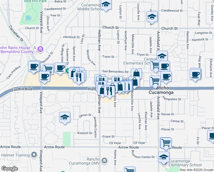 map of restaurants, bars, coffee shops, grocery stores, and more near 9336 Foothill Boulevard in Rancho Cucamonga